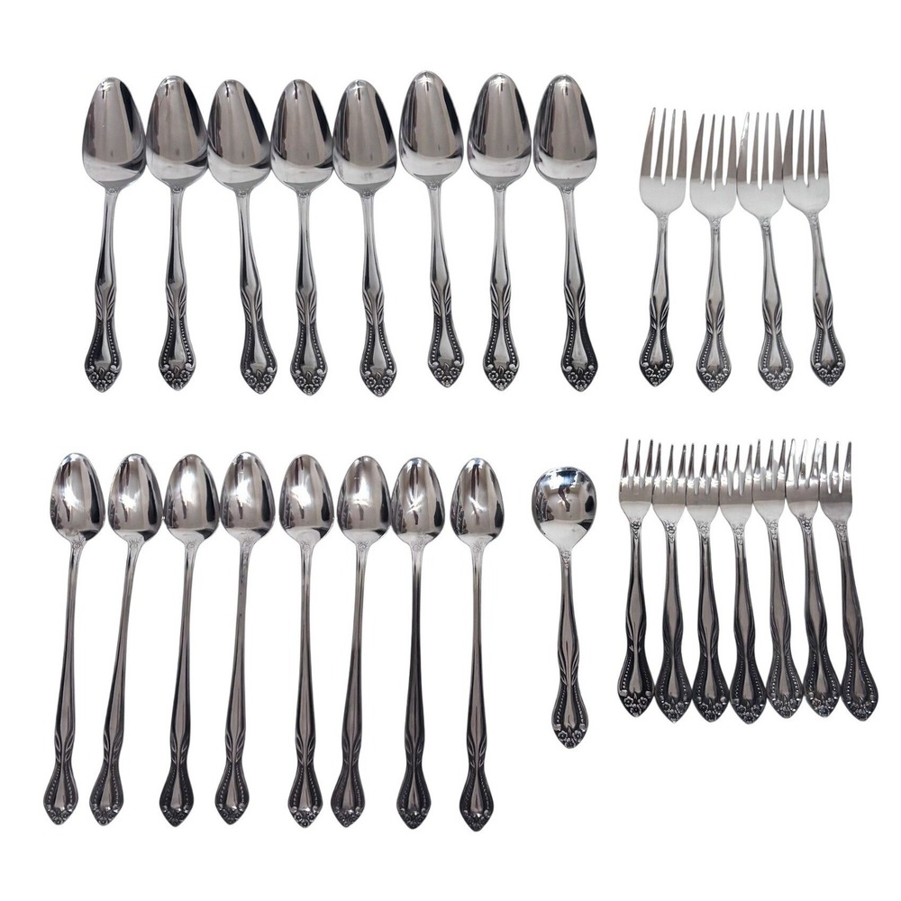 Vintage 28 Piece Lifetime Stainless Steel Silverware Flatware Set Korea Floral